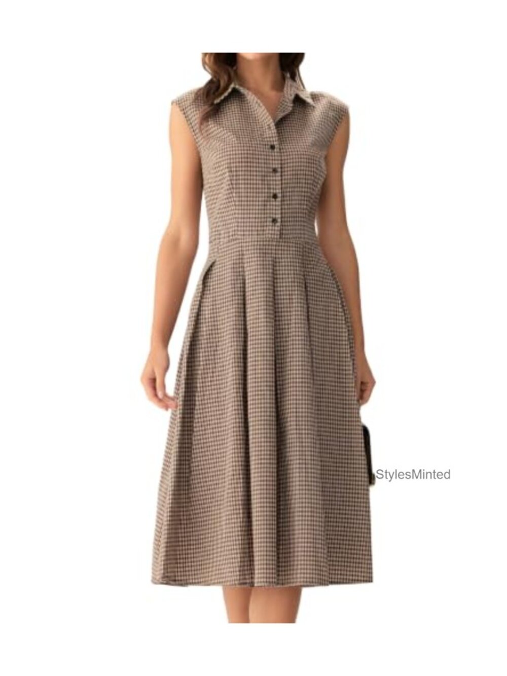 Women's Sleeveless Plaid A-Line Cotton Midi Dress with Collar, Zip Up